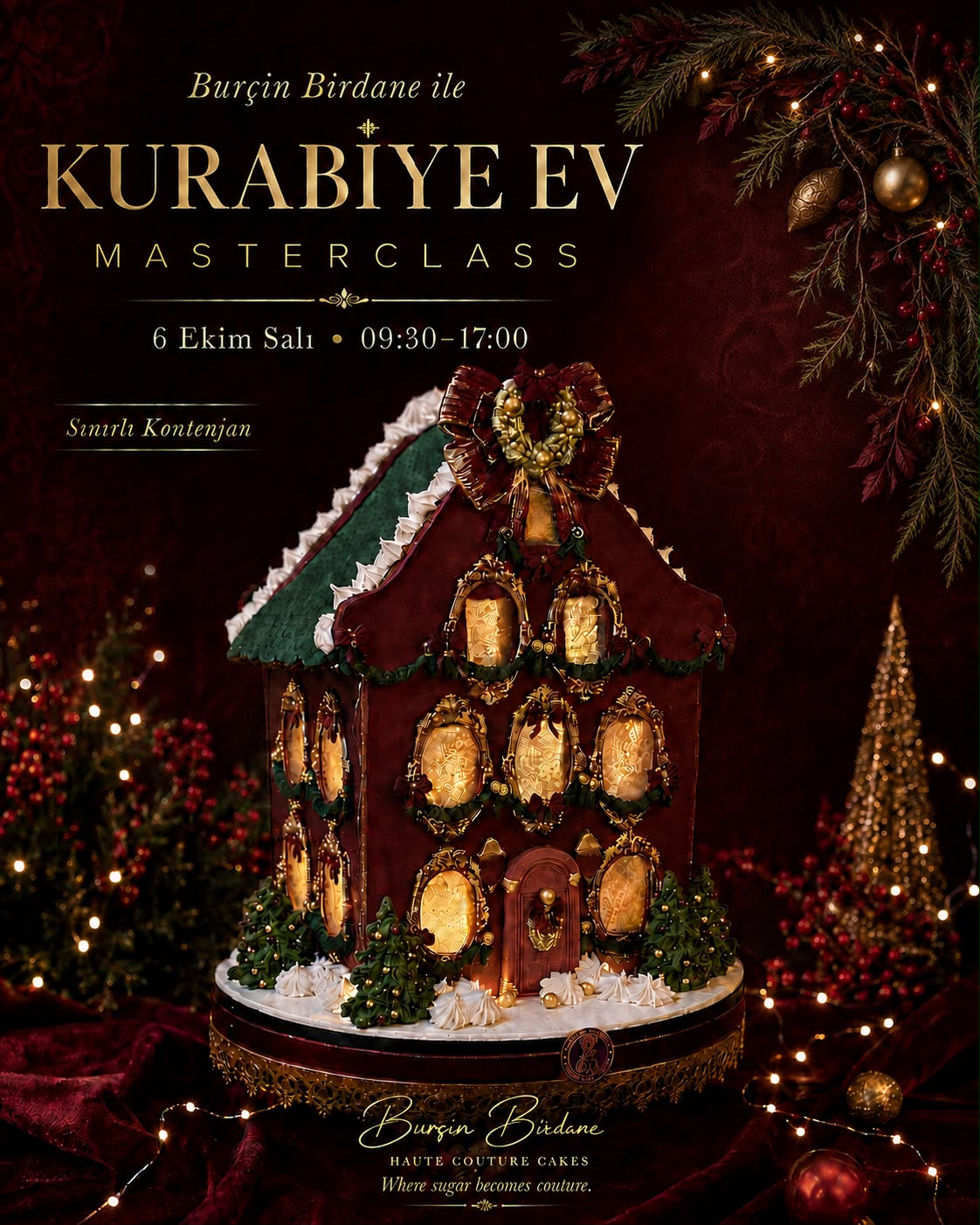 Işıklı couture kurabiye ev — bordo, yeşil ve antik altın tonlarında