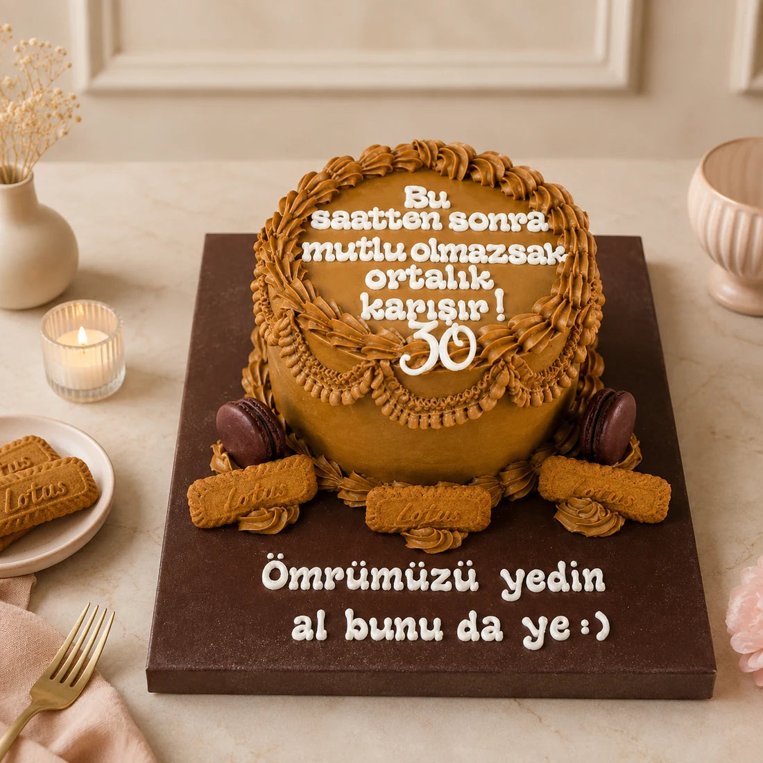 Lotus Bisküvili Kahverengi 30 Yaş Mesajlı Doğum Günü Pastası