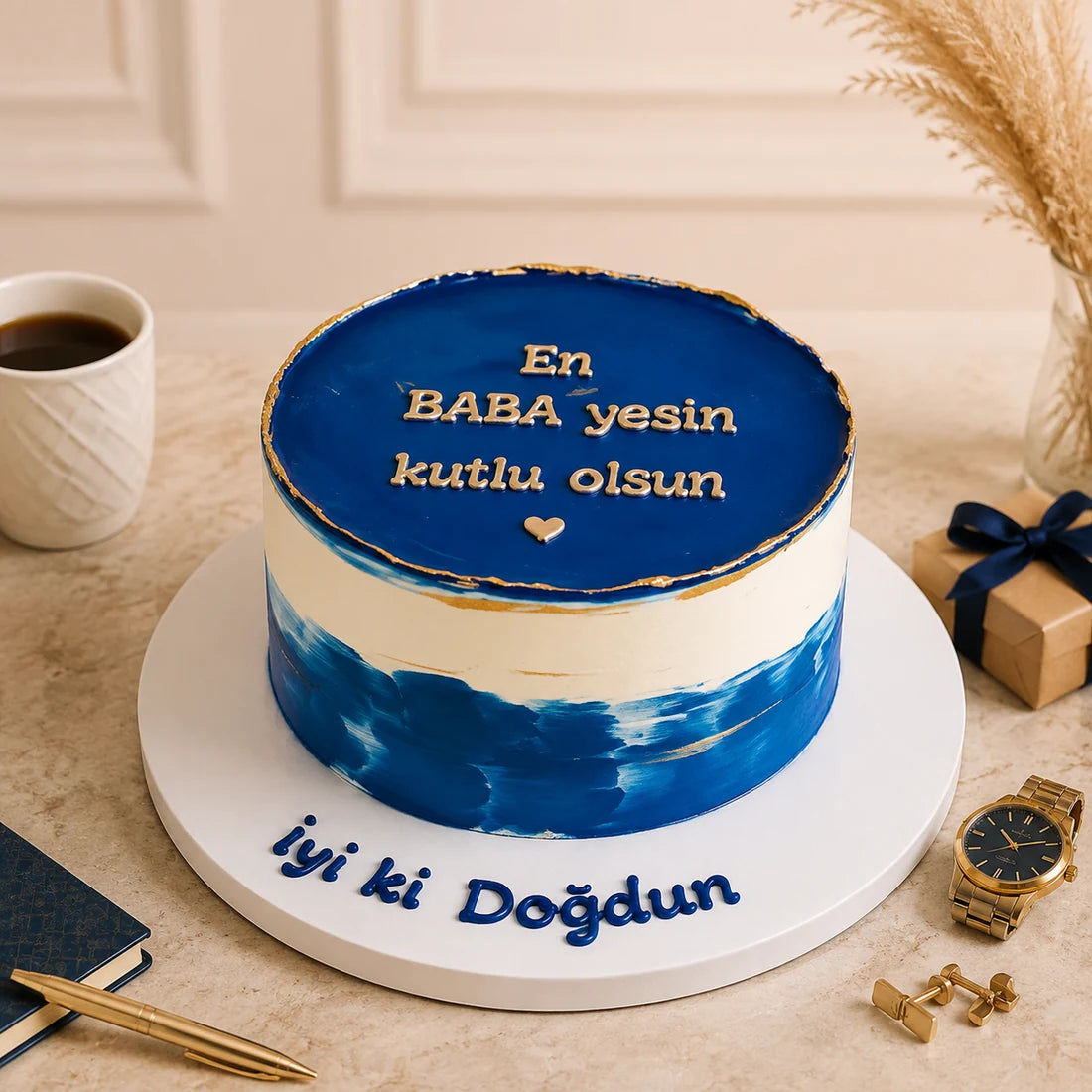 Mavi Beyaz En Baba Mesajlı Doğum Günü Pastası