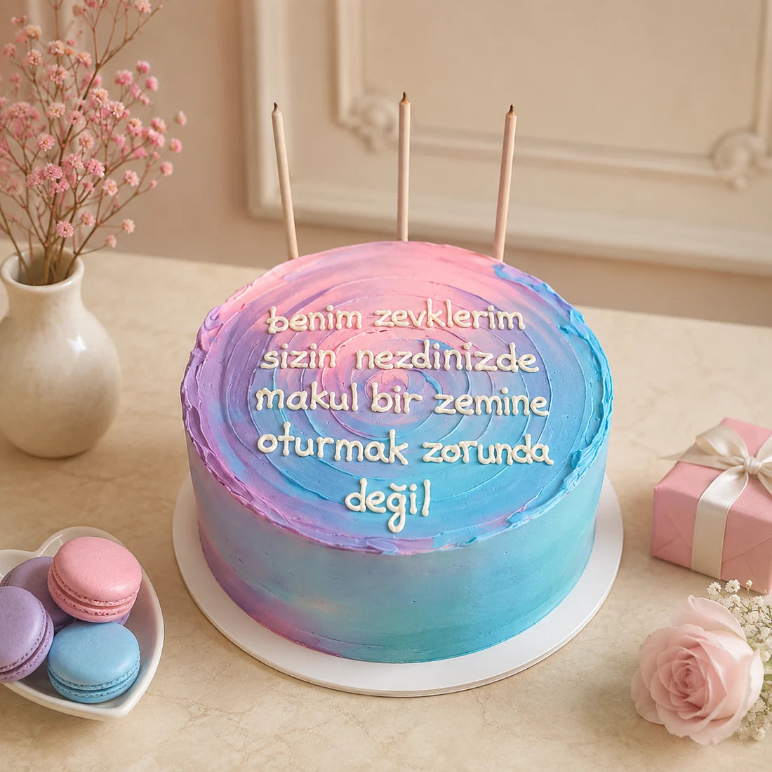Pastel Mavi Pembe Uzun Yazılı Mesajlı Doğum Günü Pastası