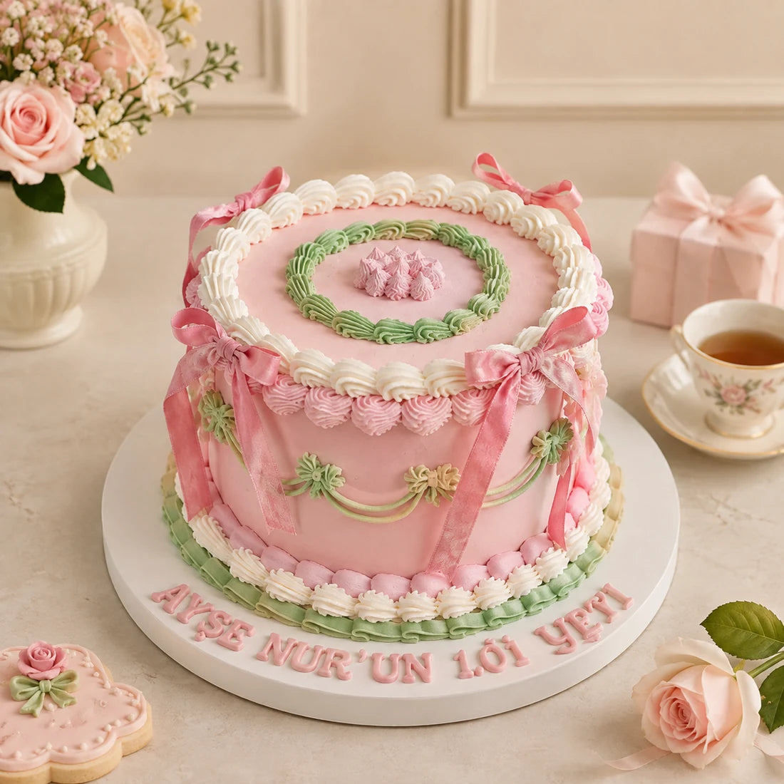 Pembe Yeşil Fiyonklu Vintage Mesajlı Doğum Günü Pastası
