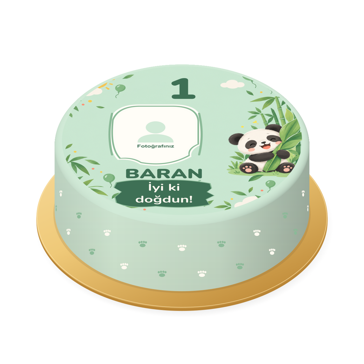 Panda Bambusu Temalı 1 Yaş Fotoğraflı Baskılı Pasta