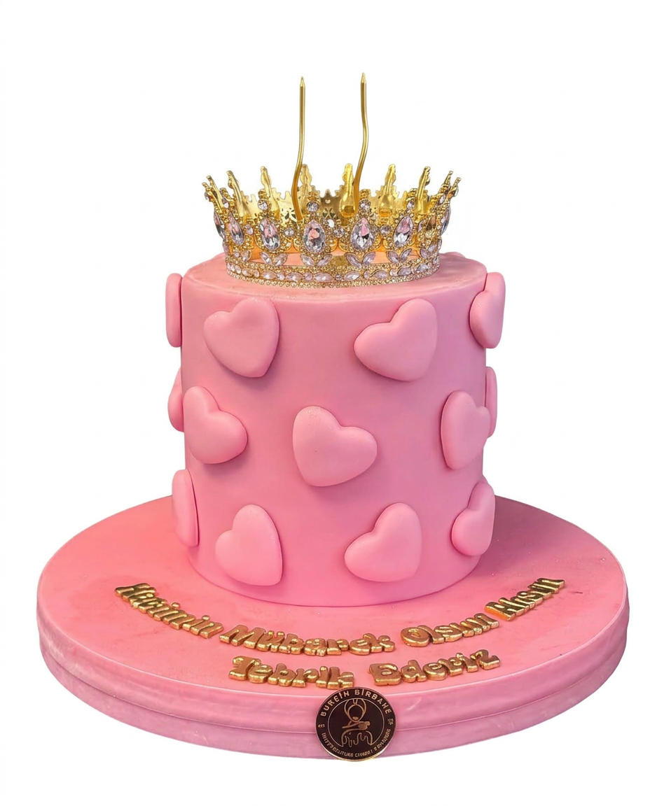 Pembe Kalpli ve Taçlı Birthday Queen Pasta
