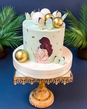 Anne Çizimli Yeşil ve Altın Baby Shower Pastası