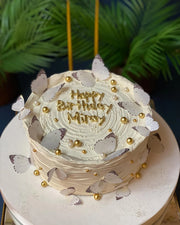 Beyaz Kelebekli Happy Birthday Pastası