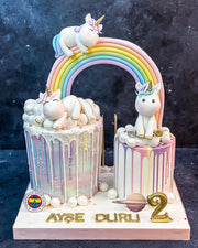 Çift Unicorn ve Renkli Akıtmalı İkili Pasta