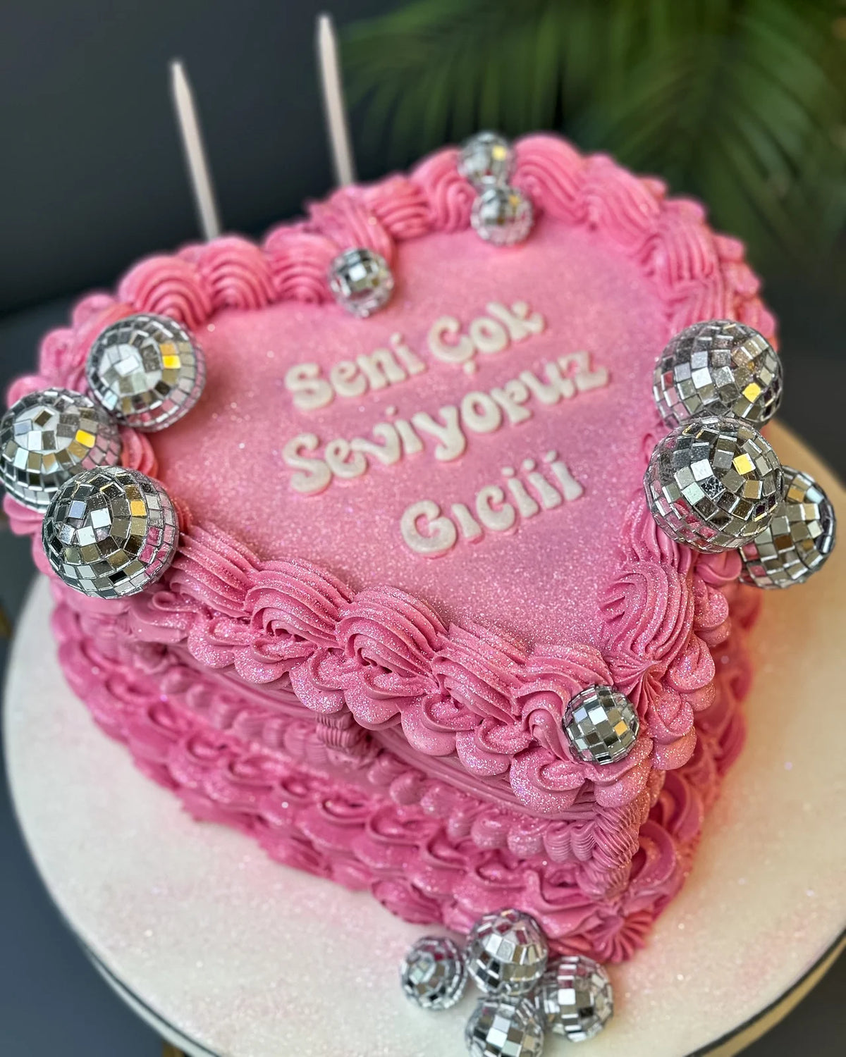 Disko Toplu Pembe Kalp Mesajlı Pasta