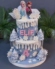 Elsa ve Anna Figürlü Mavi İki Katlı Pasta