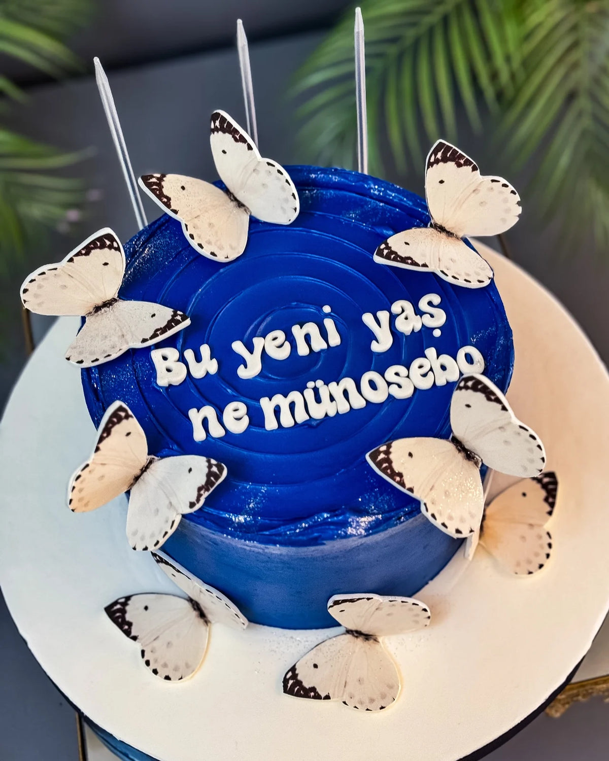 Mavi Beyaz Kelebekli Mesajlı Pasta