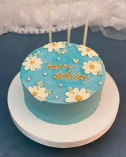 Mavi Papatyalı Happy Birthday Pastası