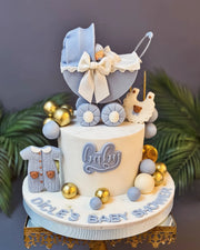 Mavi Puset ve Biberonlu Baby Shower Pastası