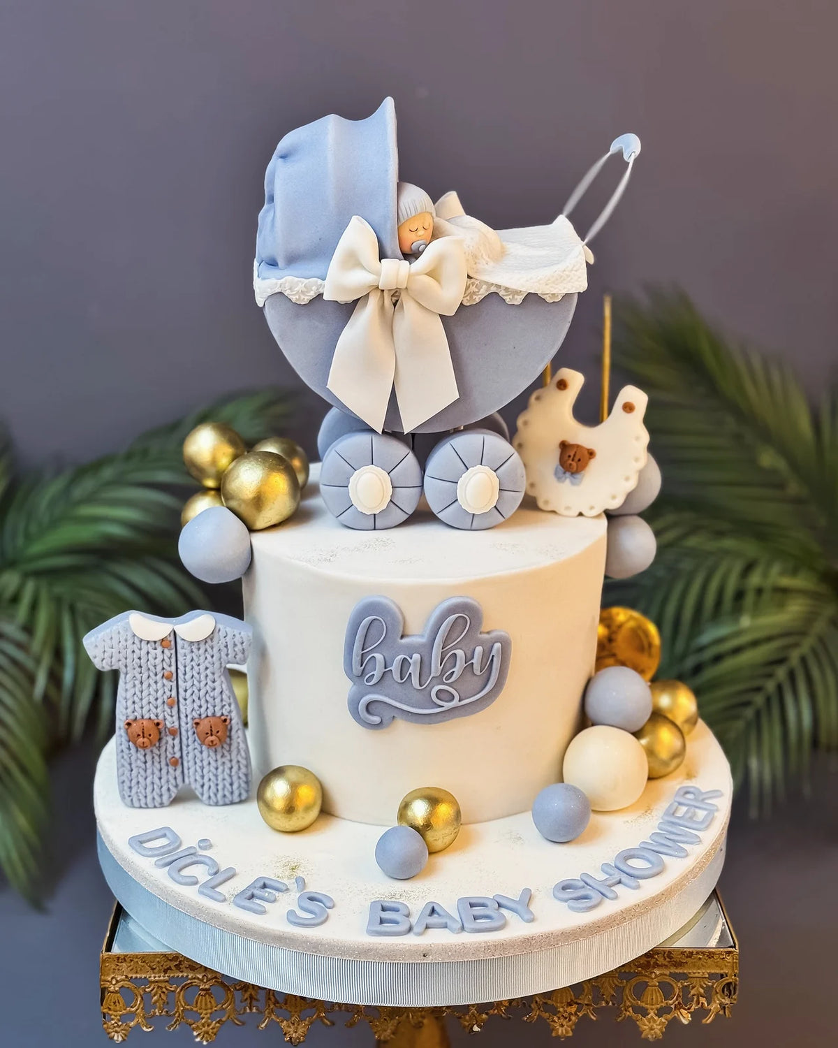 Mavi Puset ve Biberonlu Baby Shower Pastası