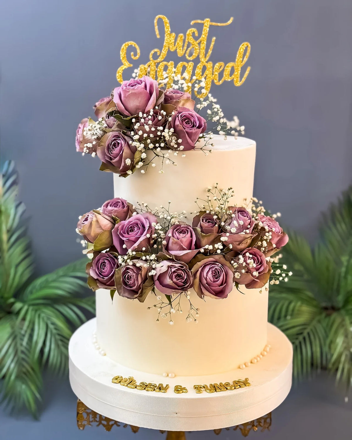 Mor Güllü İki Katlı Just Engaged Pastası