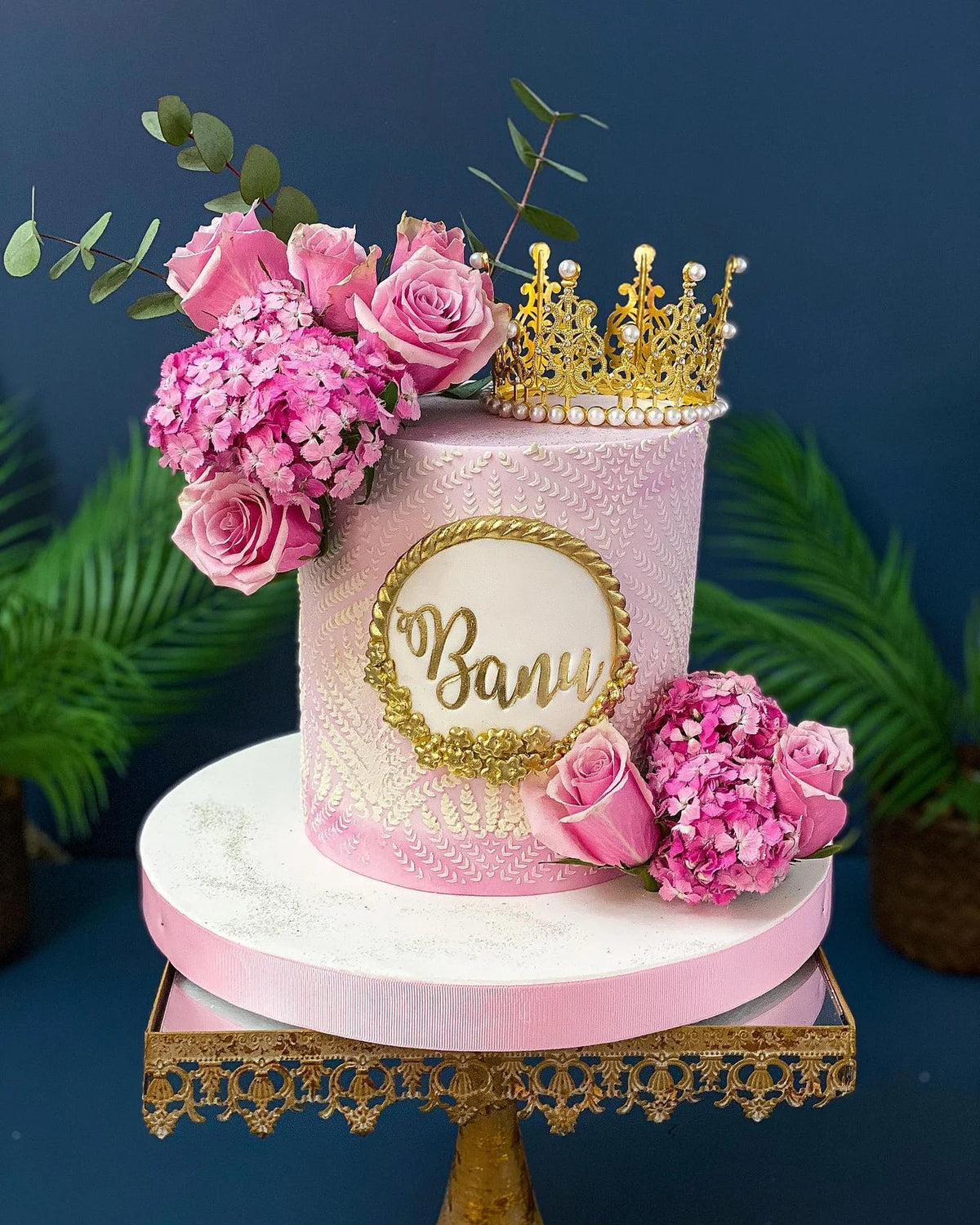 Pembe Çiçekli İsimli Taçlı Pasta