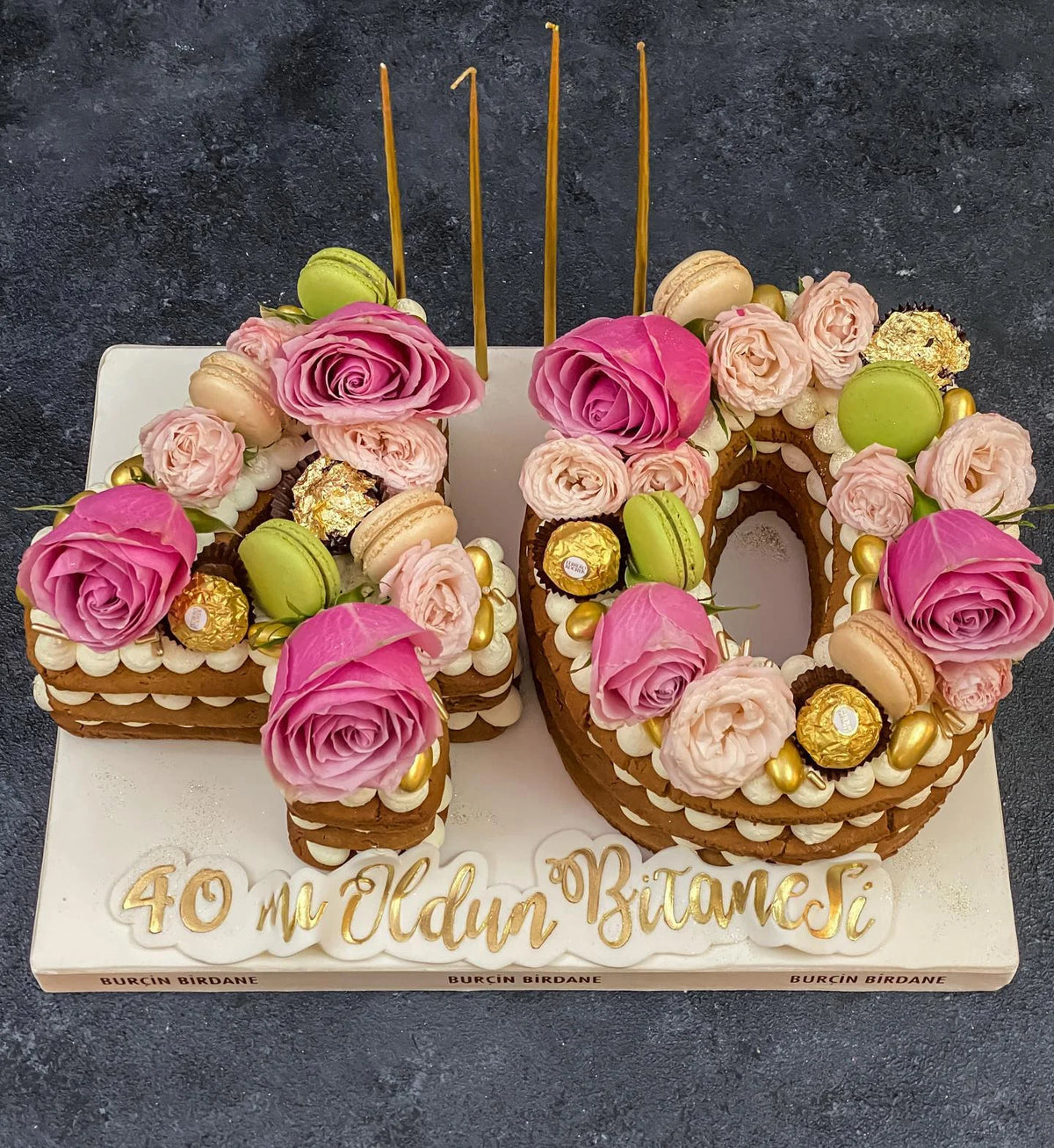Pembe Gül ve Makaronlu 40 Rakam Pastası