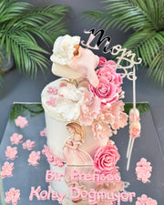 Pembe Güllü ve Bebek Pusetli Baby Shower Pastası