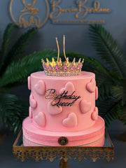 Pembe Kalpli Birthday Queen Taçlı Pastası