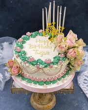 Pembe Yeşil Güllü Vintage Birthday Pastası