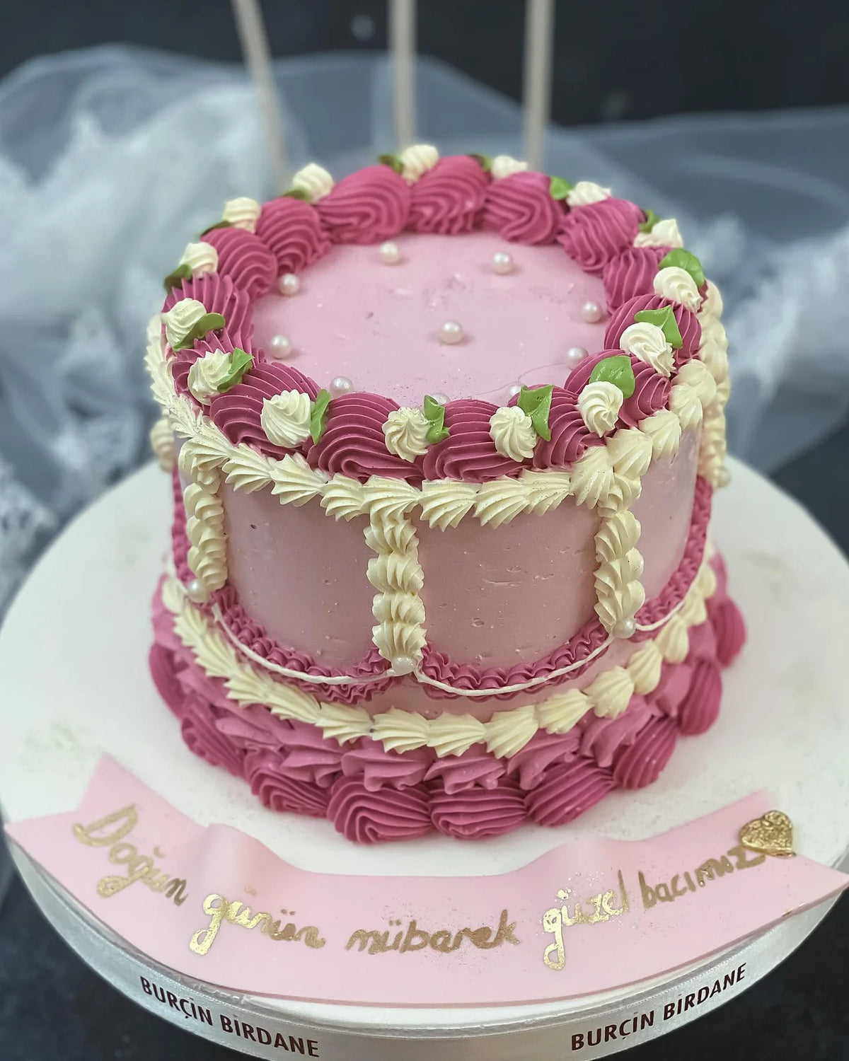 Pembe Yeşil Vintage Mesajlı Pasta