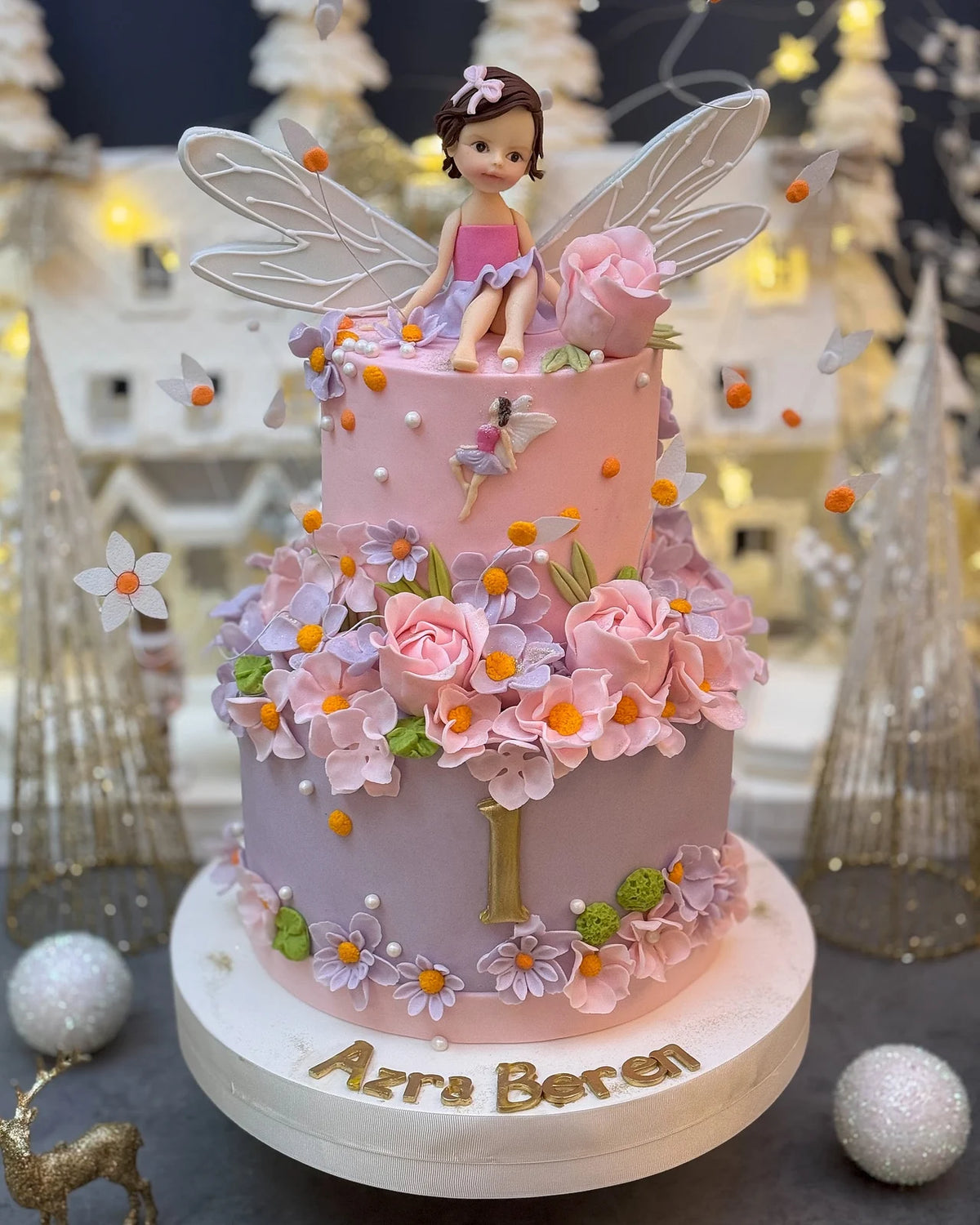 Peri Kanatlı Kız ve Pastel Çiçekli 1 Yaş Pastası