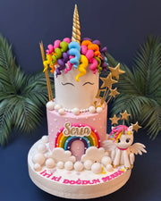 Renkli Yeleli İki Katlı Unicorn Pastası