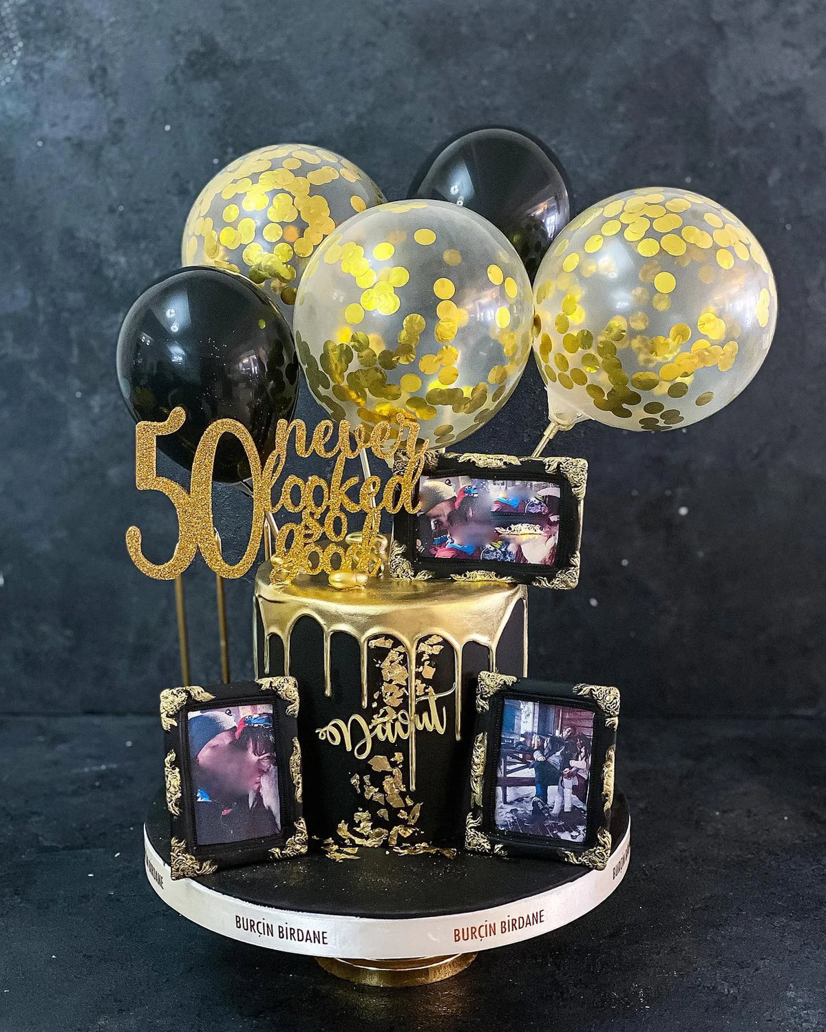 Siyah Altın Balonlu Fotoğraflı 50 Yaş Pastası