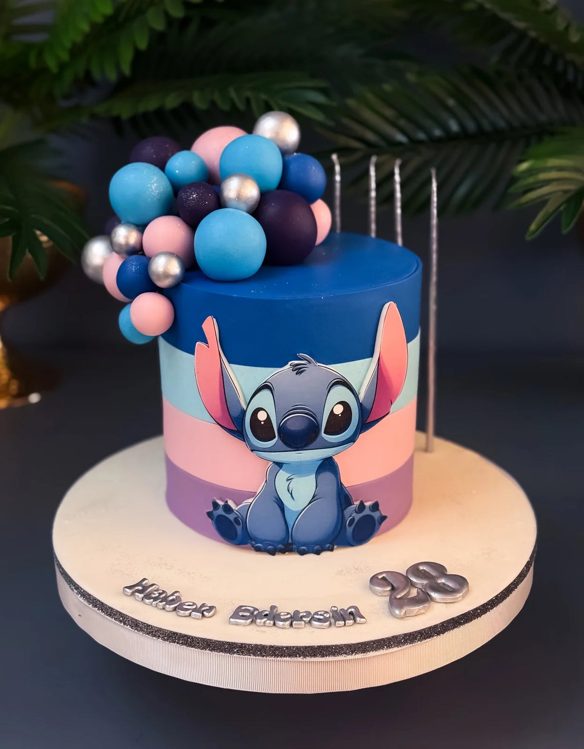 Stitch Resimli Pembe Mavi Balonlu Pasta