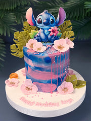 Stitch ve Pembe Çiçekli Mavi Pasta