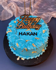 Turkuaz Gül Desenli Happy Birthday Pastası