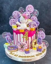 Unicorn Figürlü Pembe Akıtmalı Pasta Seti