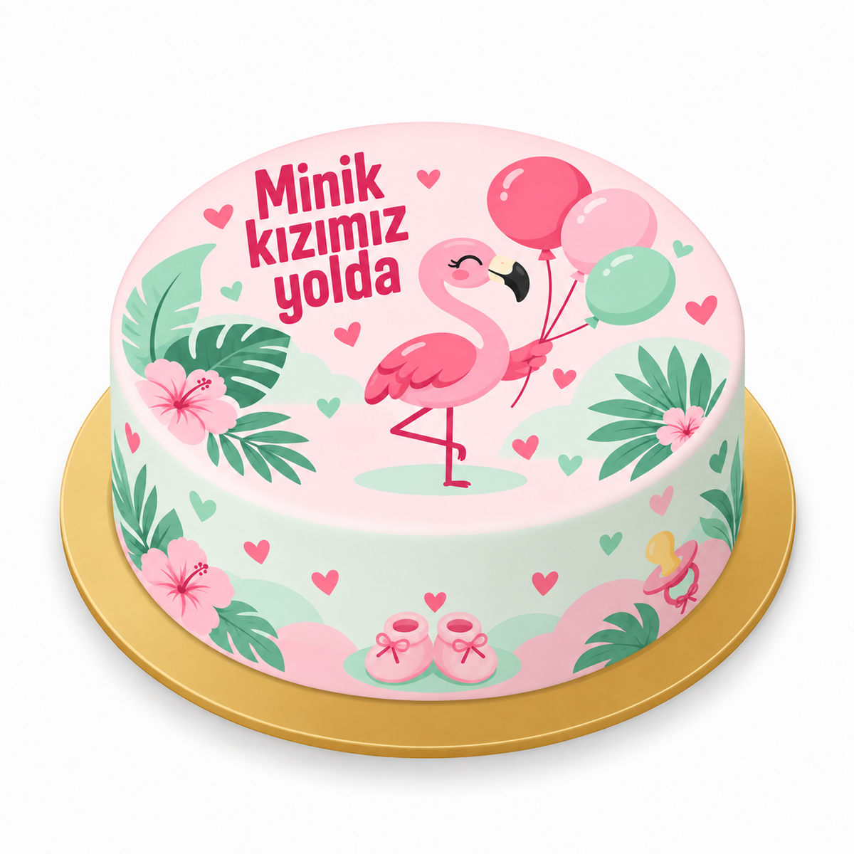 Flamingonun Balonları Baby Shower baskılı pasta