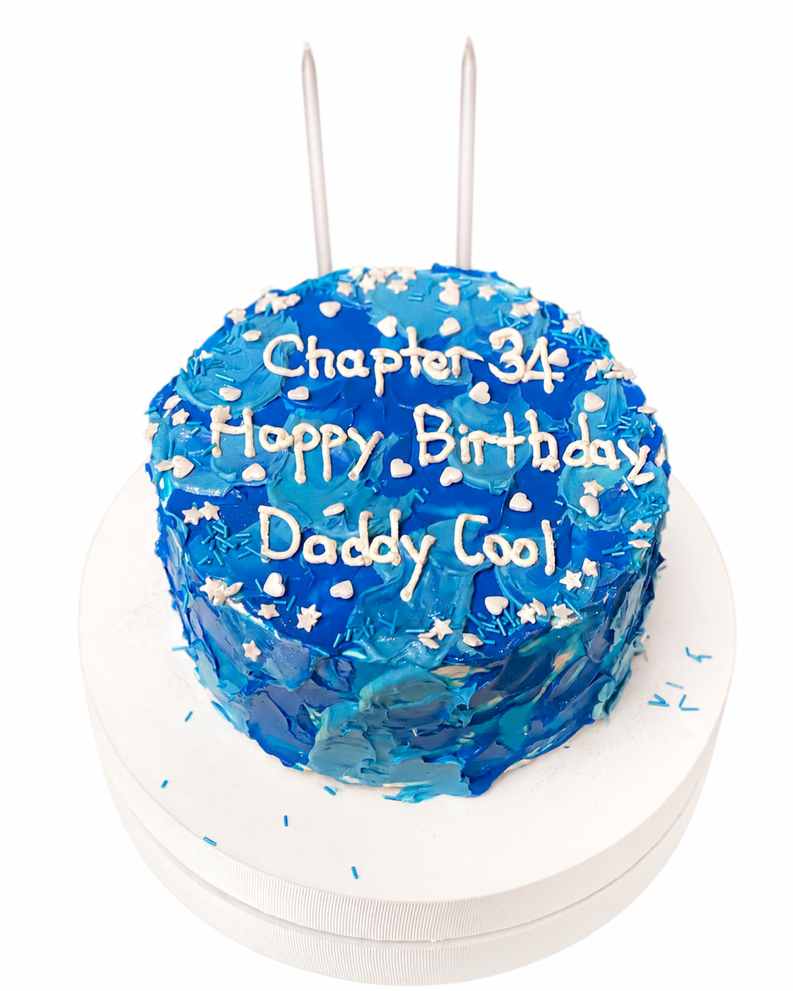 Beyaz arka planda mavi Chapter 34 Daddy Cool mesajlı pasta
