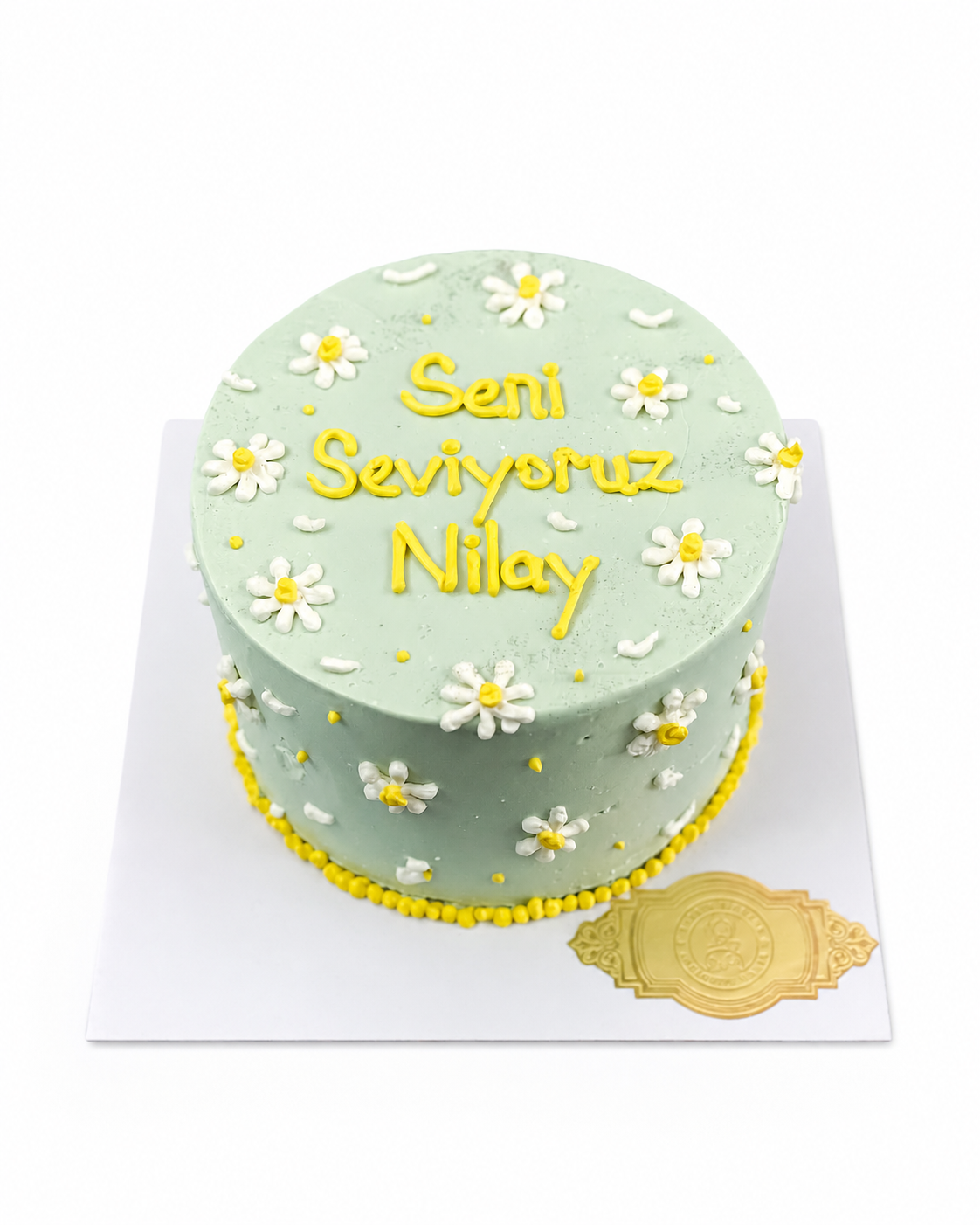 Beyaz arka planda mint yeşili papatyalı Seni Seviyoruz mesajlı pasta