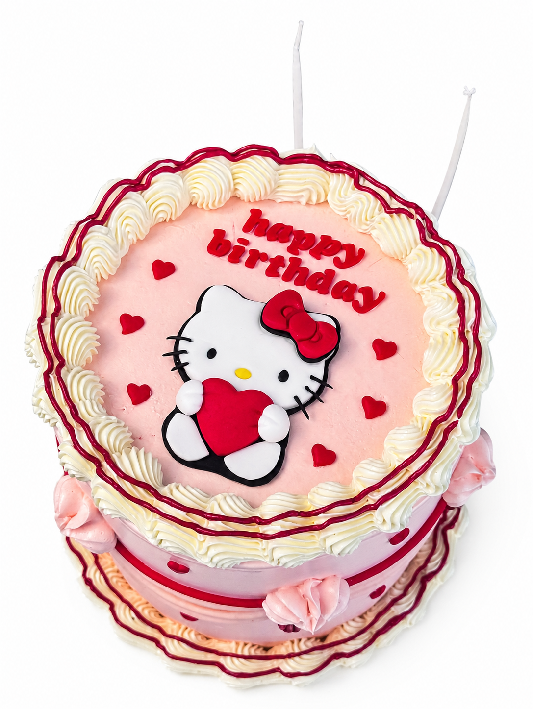 Beyaz fonda pembe Hello Kitty temalı Happy Birthday mesajlı pasta
