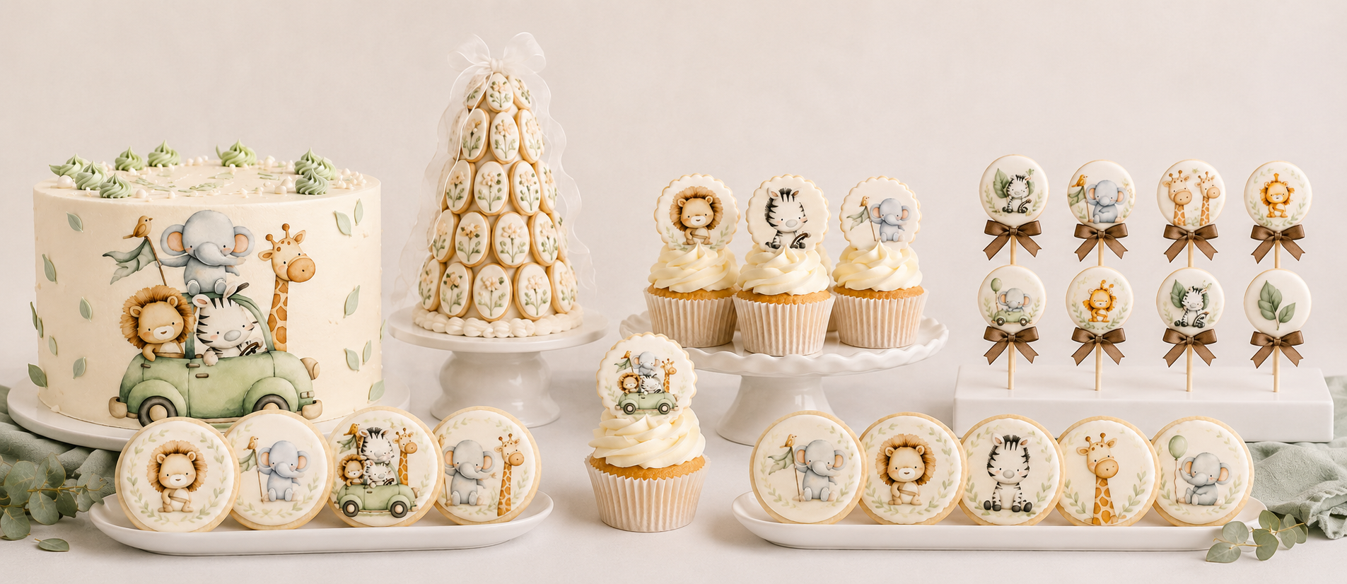 Safari hayvanları baskılı pasta, cupcake, kurabiye ve cakepop koleksiyonu