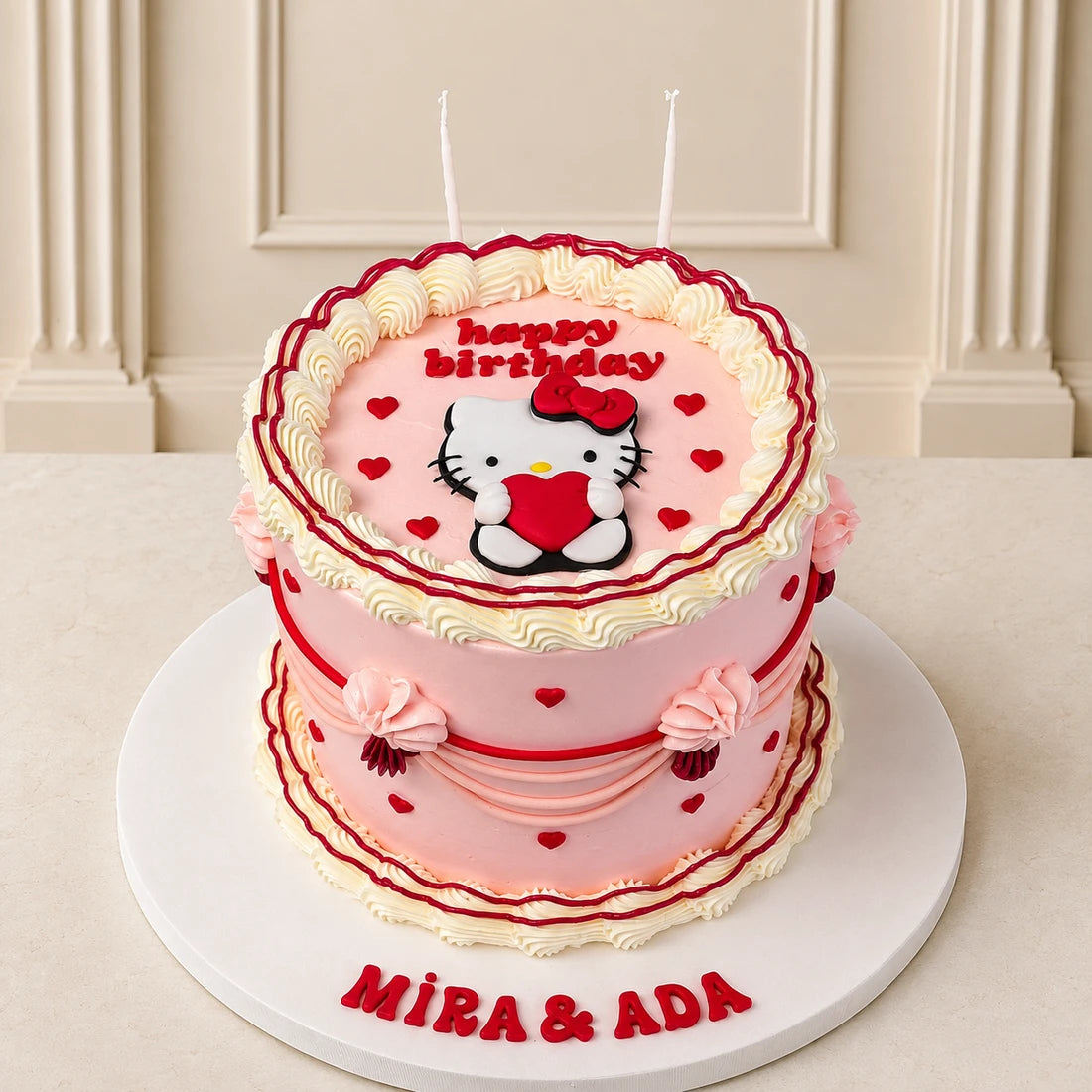 Hello Kitty Figürlü ve Kalp Detaylı Vintage Butik Pasta