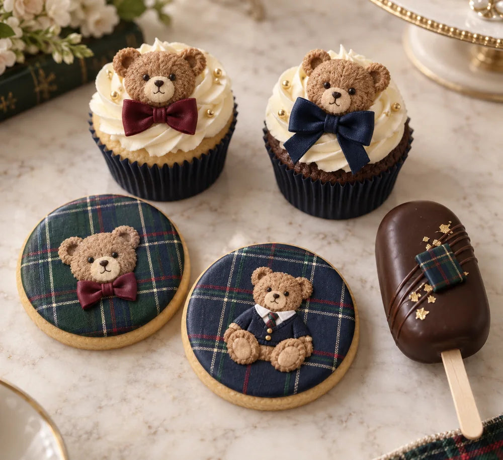 Ekose ayıcık temalı cupcake, kurabiye ve magnum kek