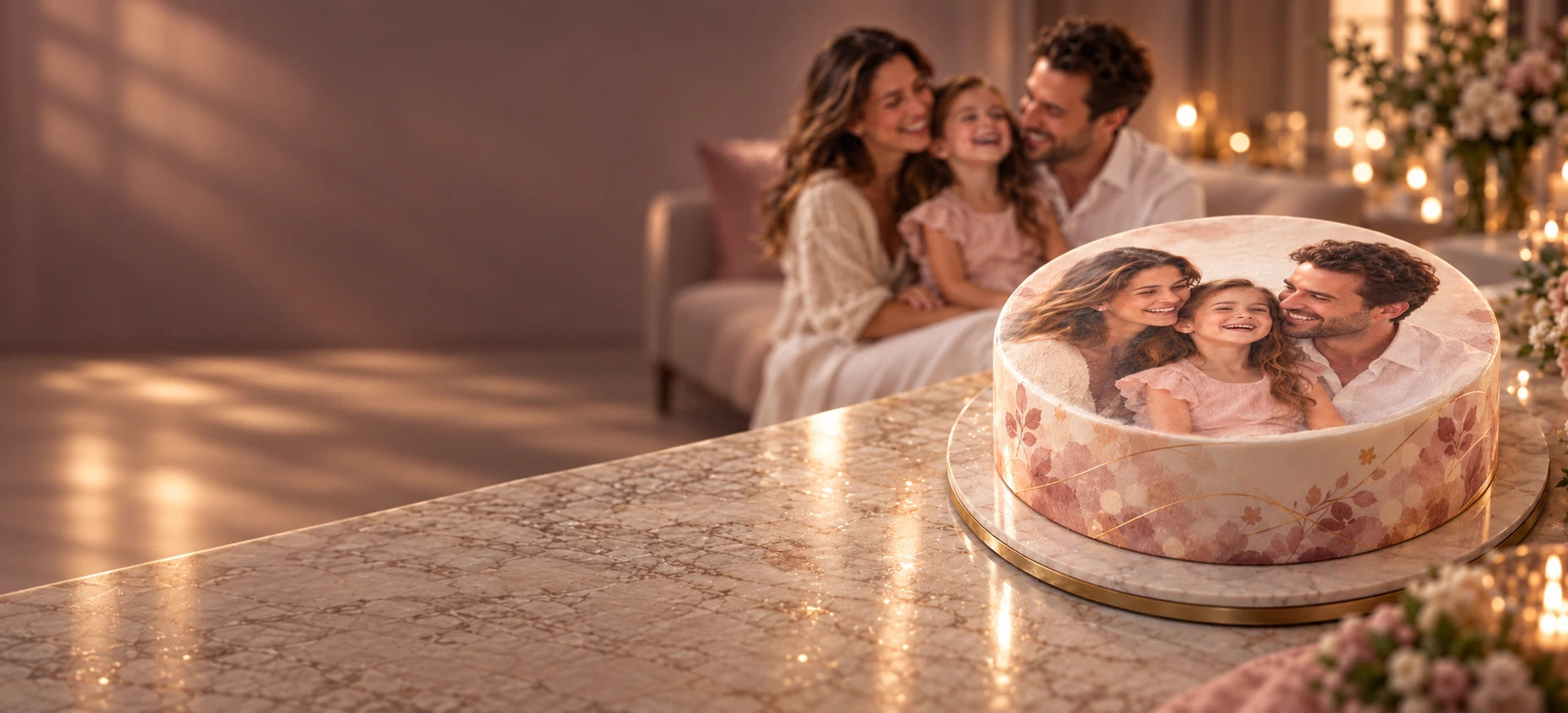 Aile fotoğrafı baskılı, pembe ve altın detaylı pasta