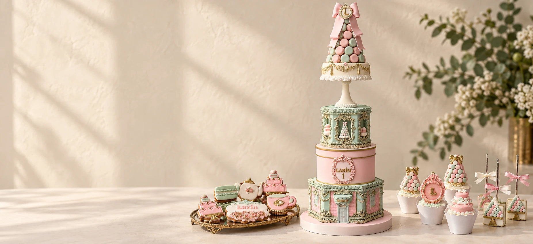 Larin için pembe ve mint katlı pasta, makaron kulesi, butik kurabiye, cupcake ve cakepop koleksiyonu