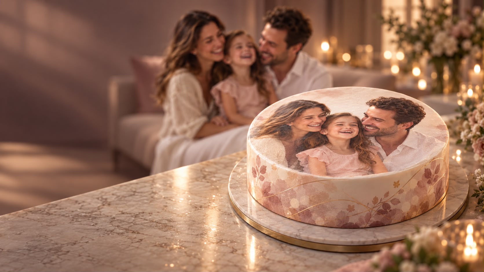 Aile fotoğrafı baskılı, pembe ve altın detaylı pasta