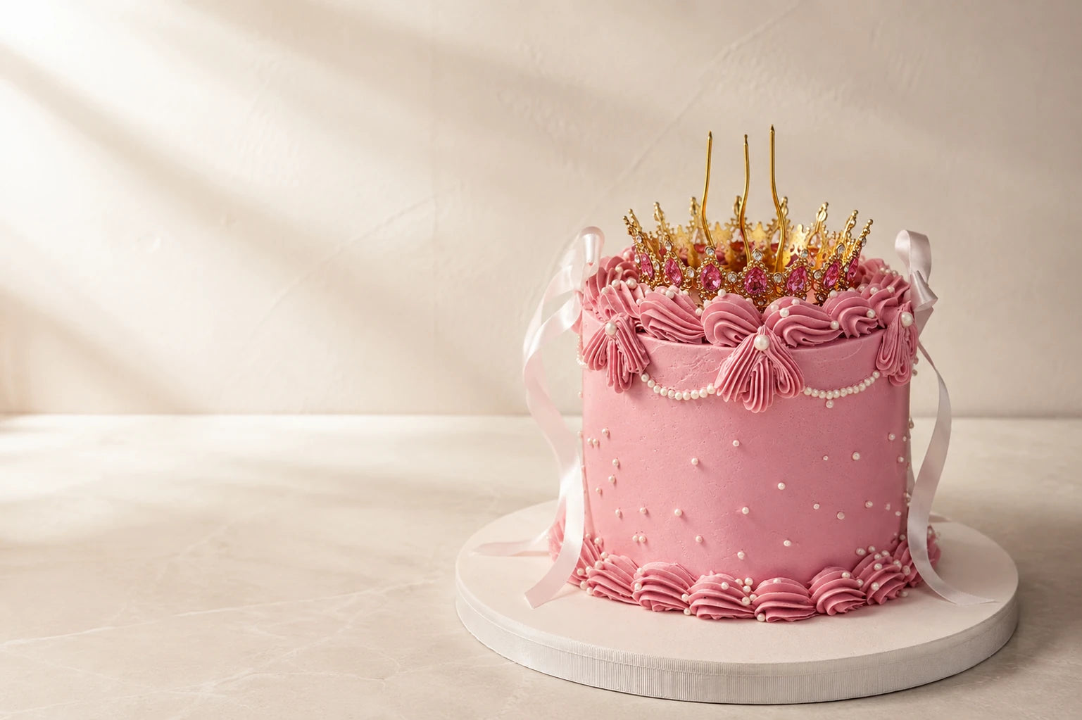Pembe taşlı prenses tacı ve kurdeleli Lambeth pasta projesi