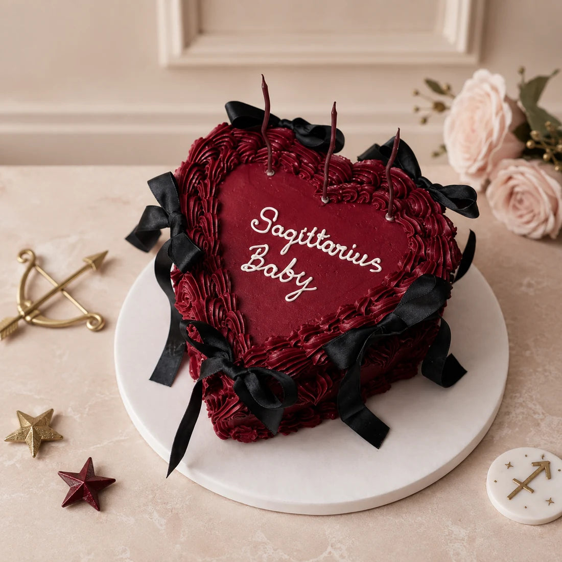 Bordo Kalp Sagittarius Baby Mesajlı Pasta