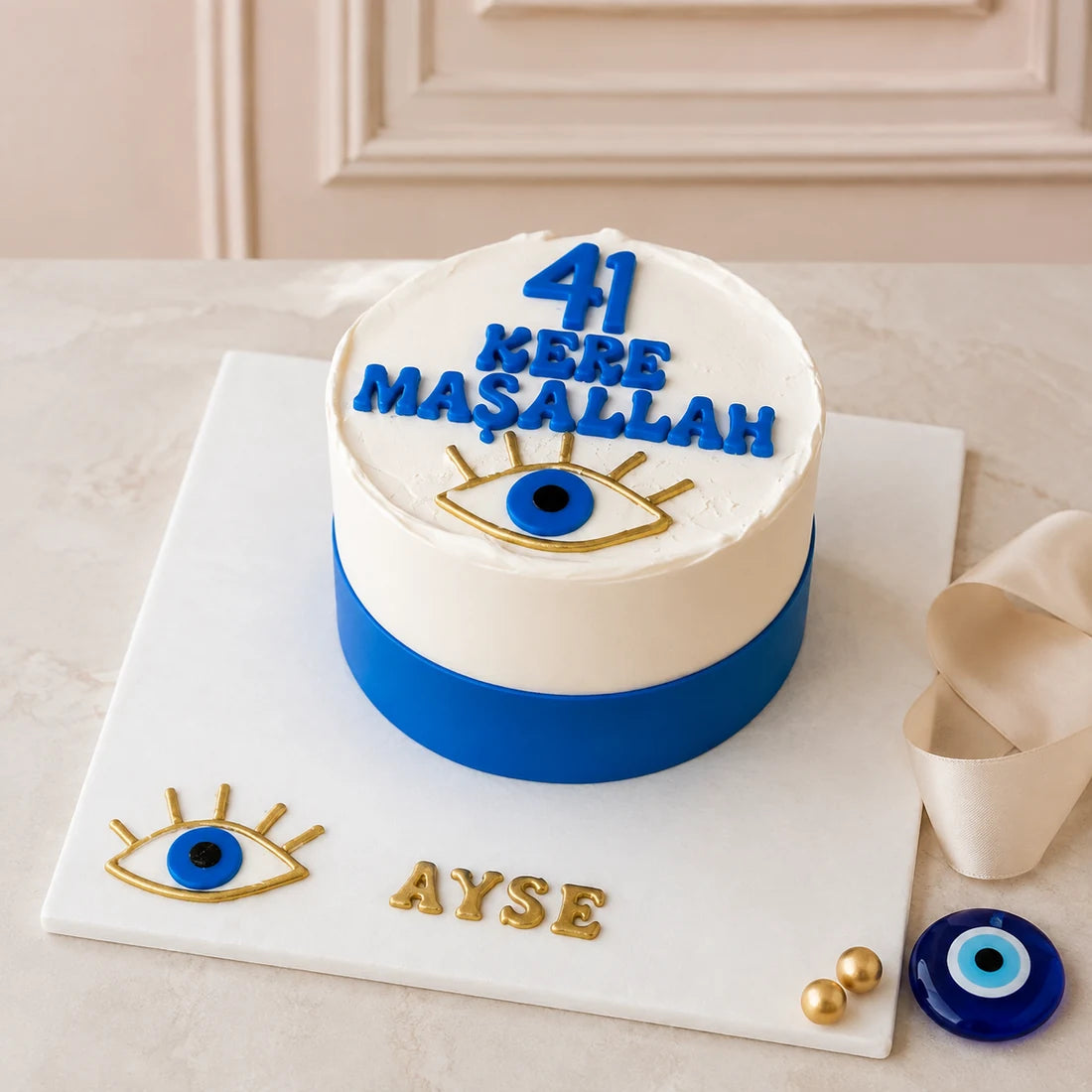 Mavi Beyaz 41 Kere Maşallah Mesajlı Pasta