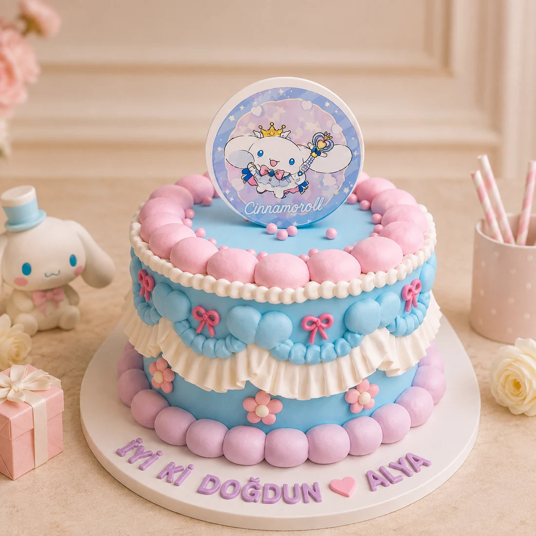 Mavi Pembe Cinnamoroll Temalı Mesajlı Doğum Günü Pastası