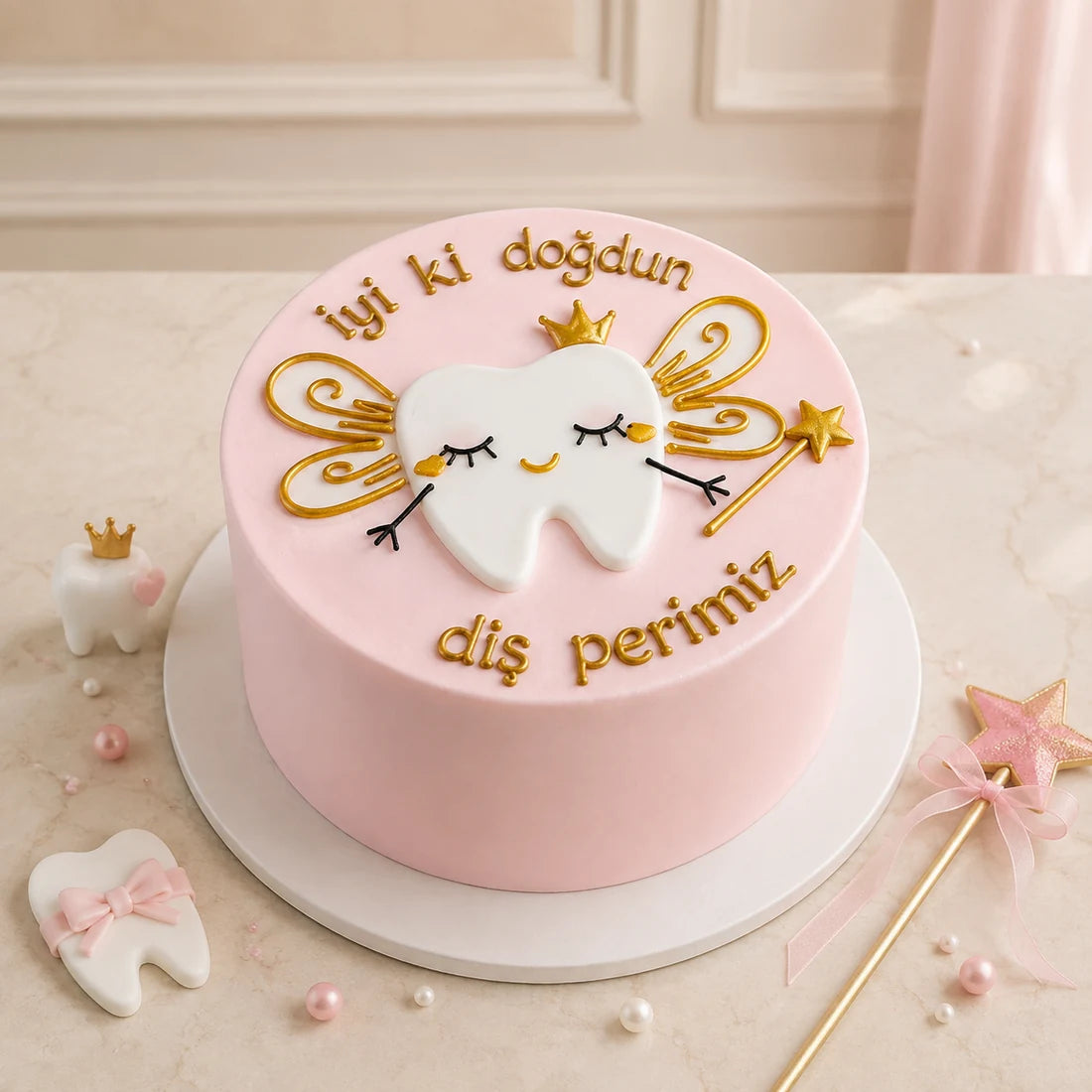 Pembe Diş Perisi Temalı Mesajlı Doğum Günü Pastası