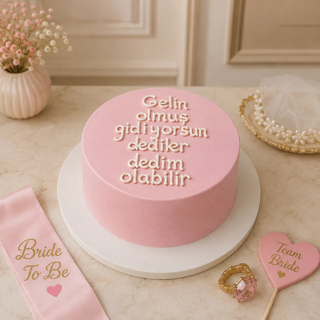 Pembe Gelin Olmuş Gidiyorsun Esprili Mesajlı Pasta