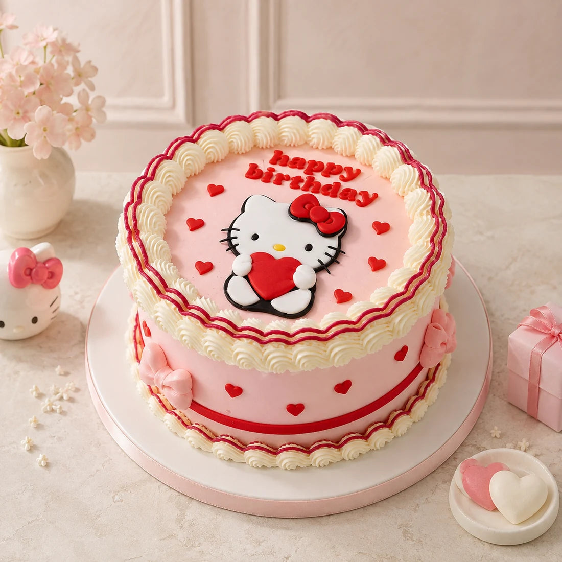 Pembe Hello Kitty Temalı Mesajlı Doğum Günü Pastası