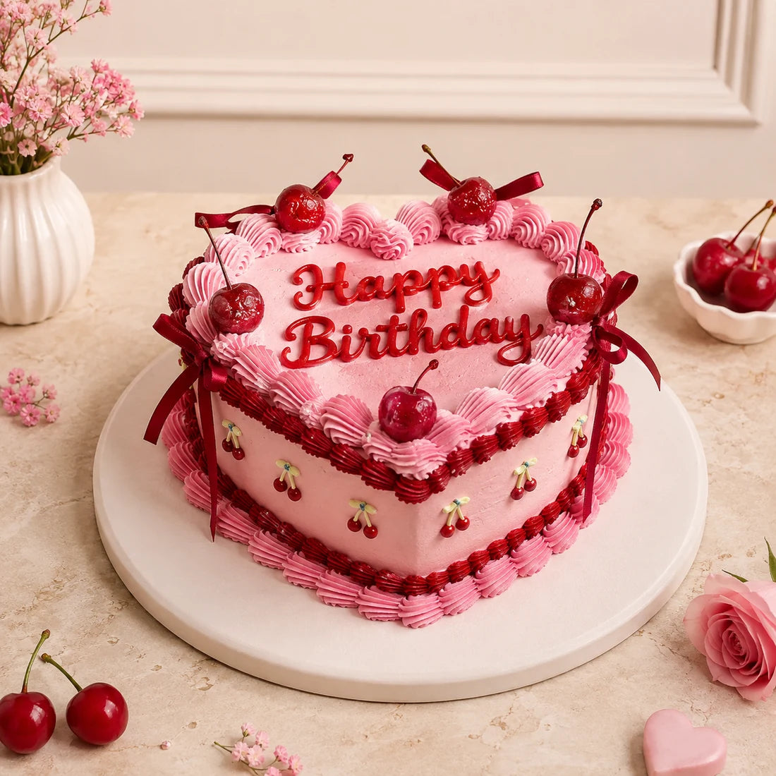 Pembe Kalp Şeklinde Kirazlı Happy Birthday Mesajlı Pasta