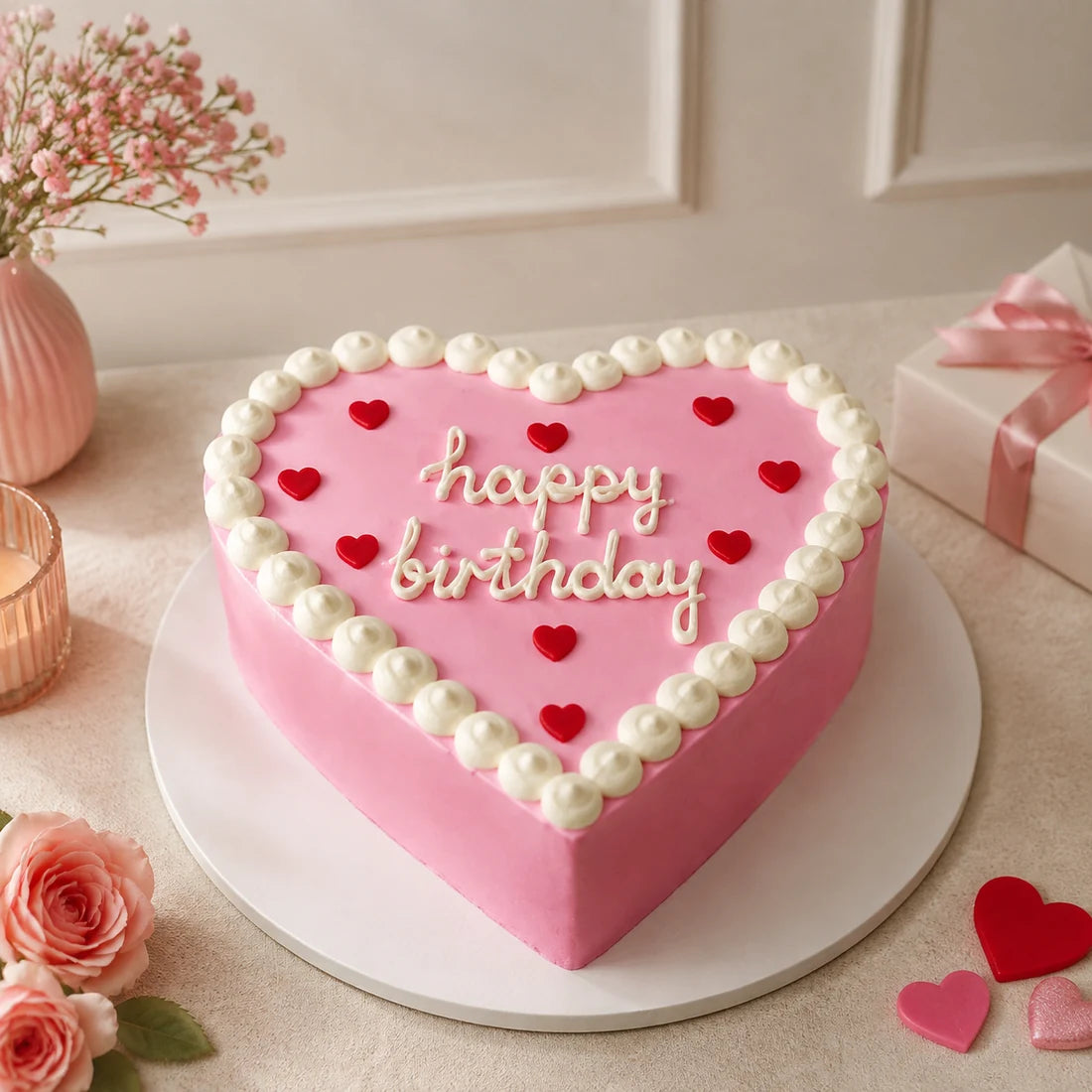 Pembe Kalp Şeklinde Kırmızı Kalpli Happy Birthday Pastası