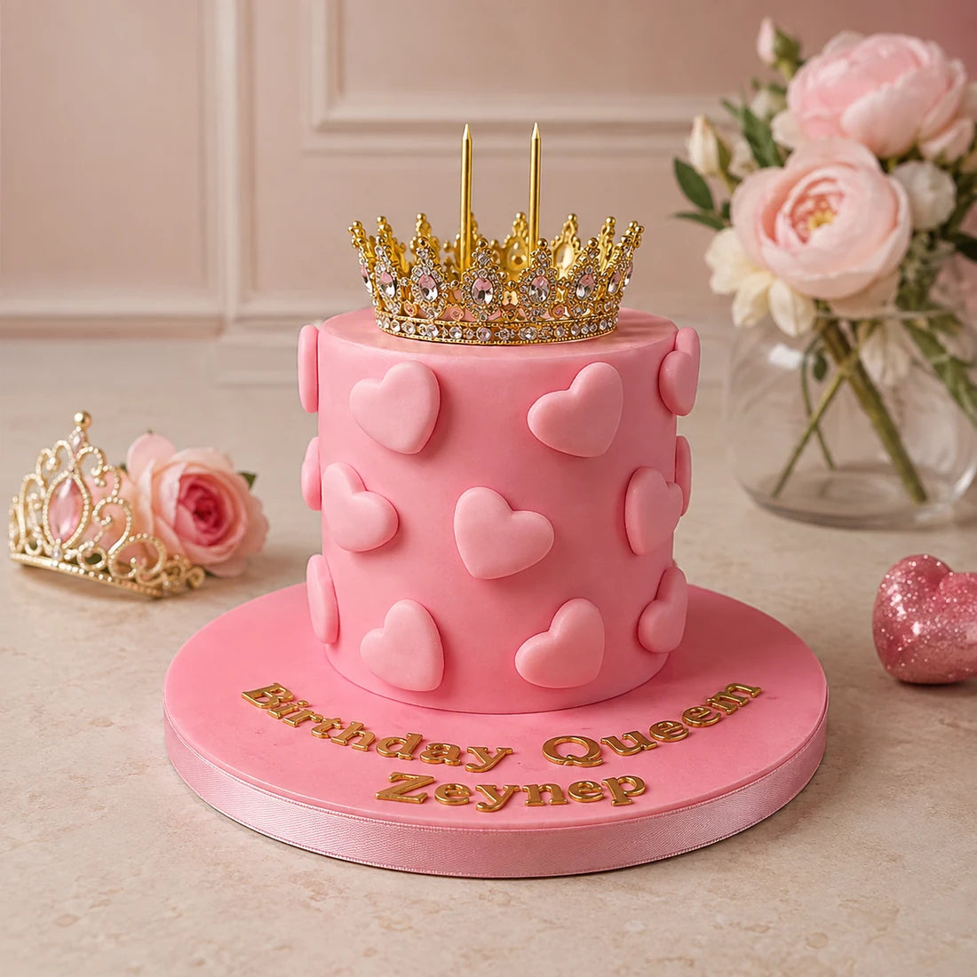 Pembe Kalpli ve Taçlı Birthday Queen Pasta